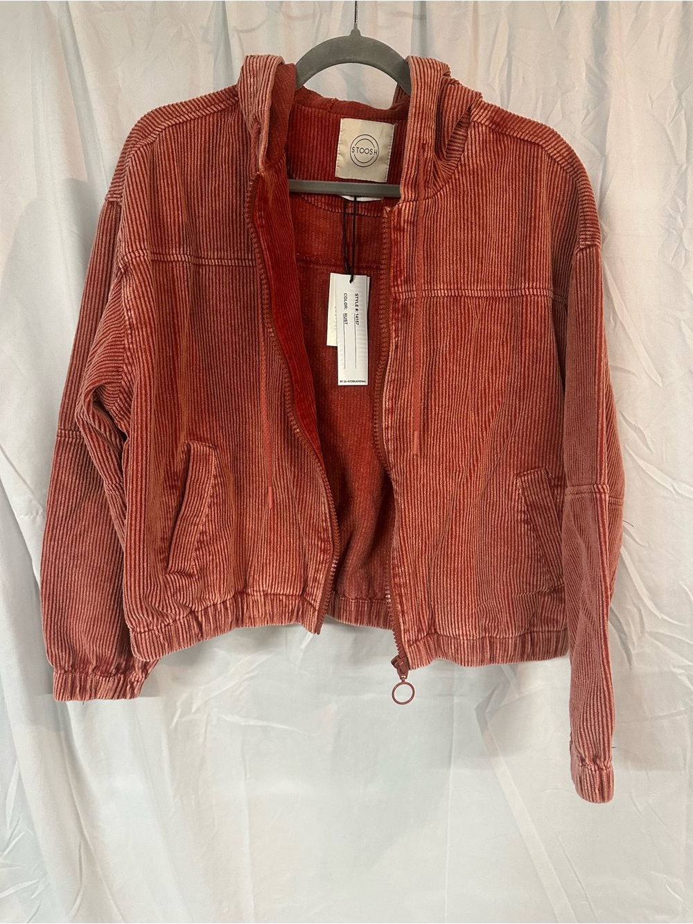 Stoosh Women's Rust-Red Corduroy Hooded Bomber Jacket